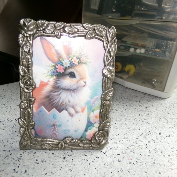 metal & glassed frame with bunny picture. - Picture 1 of 4